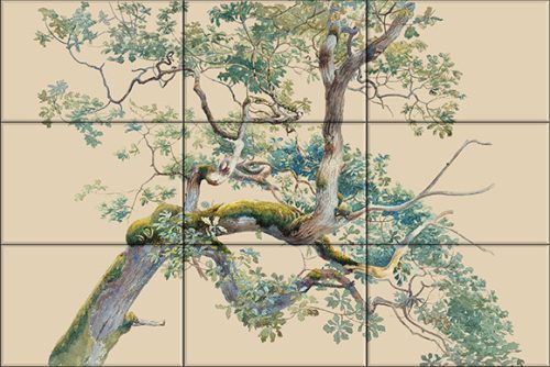 Botanical ceramic tile mural with tree branches and green leaves